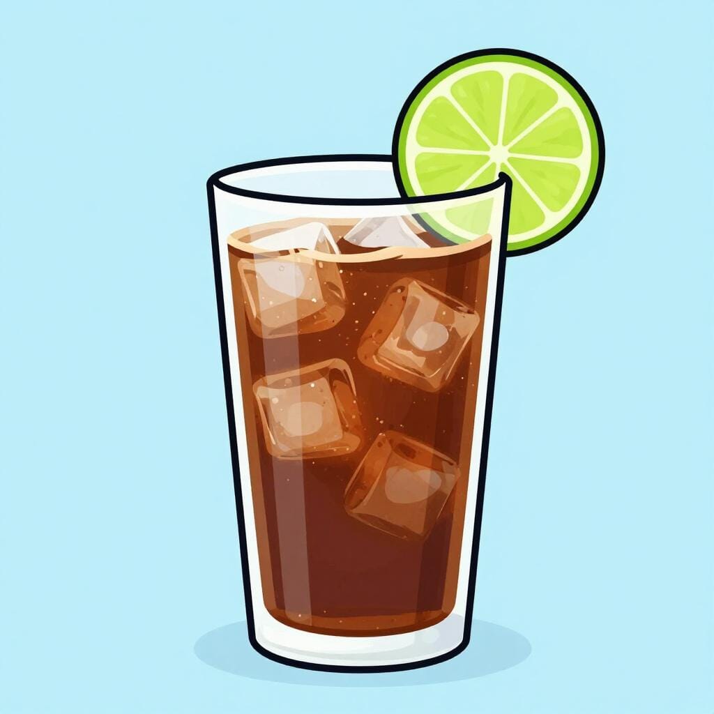 A tall glass filled with a dark liquid, ice cubes, and a slice of lime.