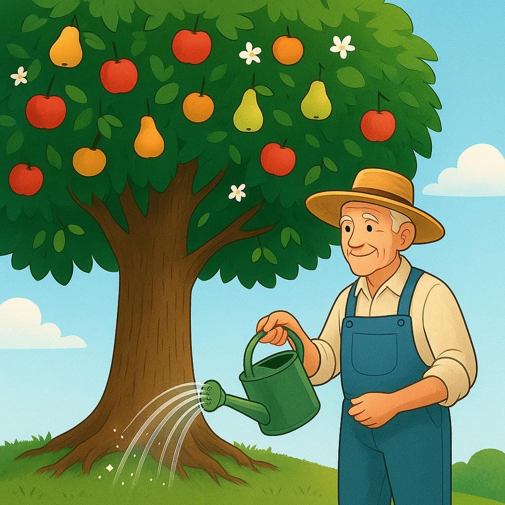 A wise, smiling gardener carefully tending a massive, healthy, fruit-bearing tree, symbolizing accumulated skill and knowledge over time.