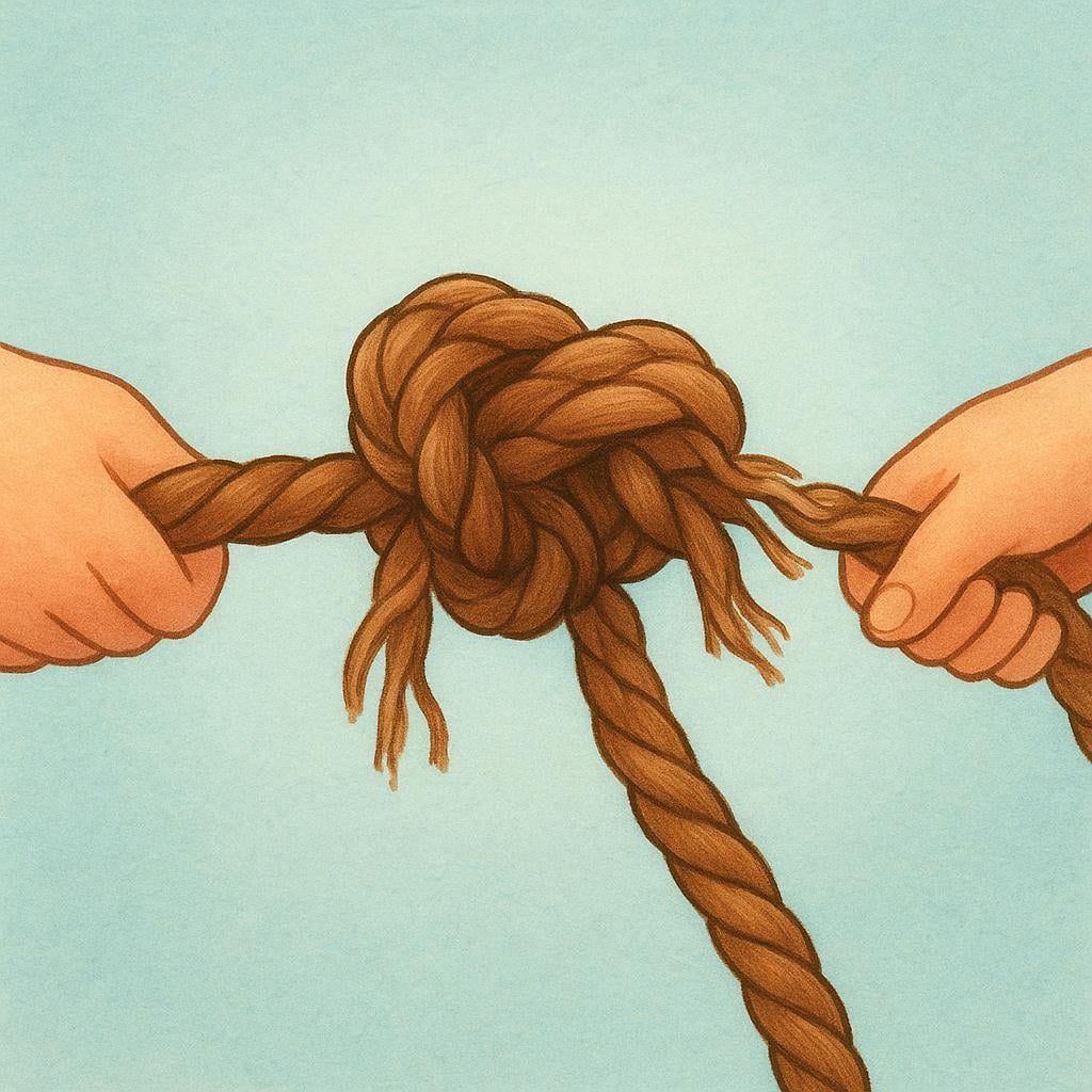 A close-up of a hand gently pulling apart the strands of a thick rope, causing a previously tight knot to become loose and slack.