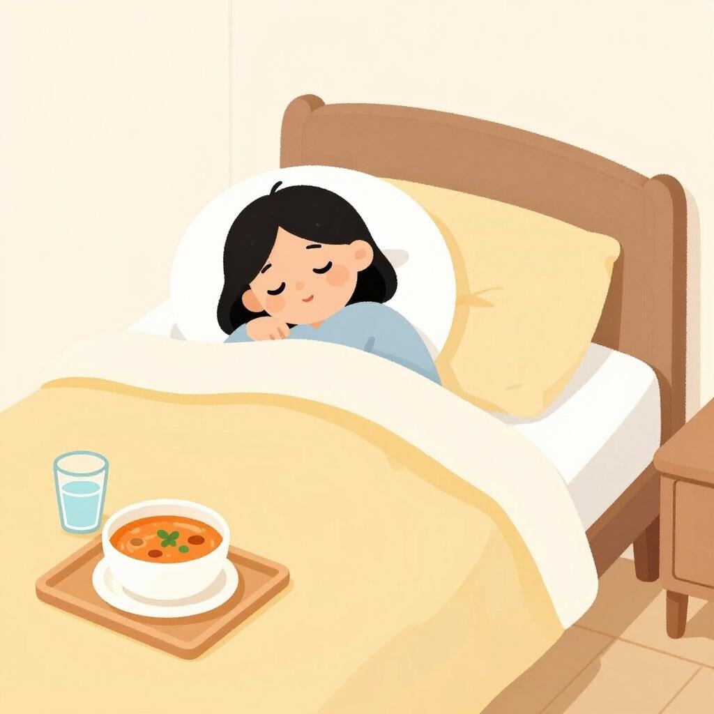 A person resting comfortably in a cozy bed with a glass of water and a bowl of soup on a side table.