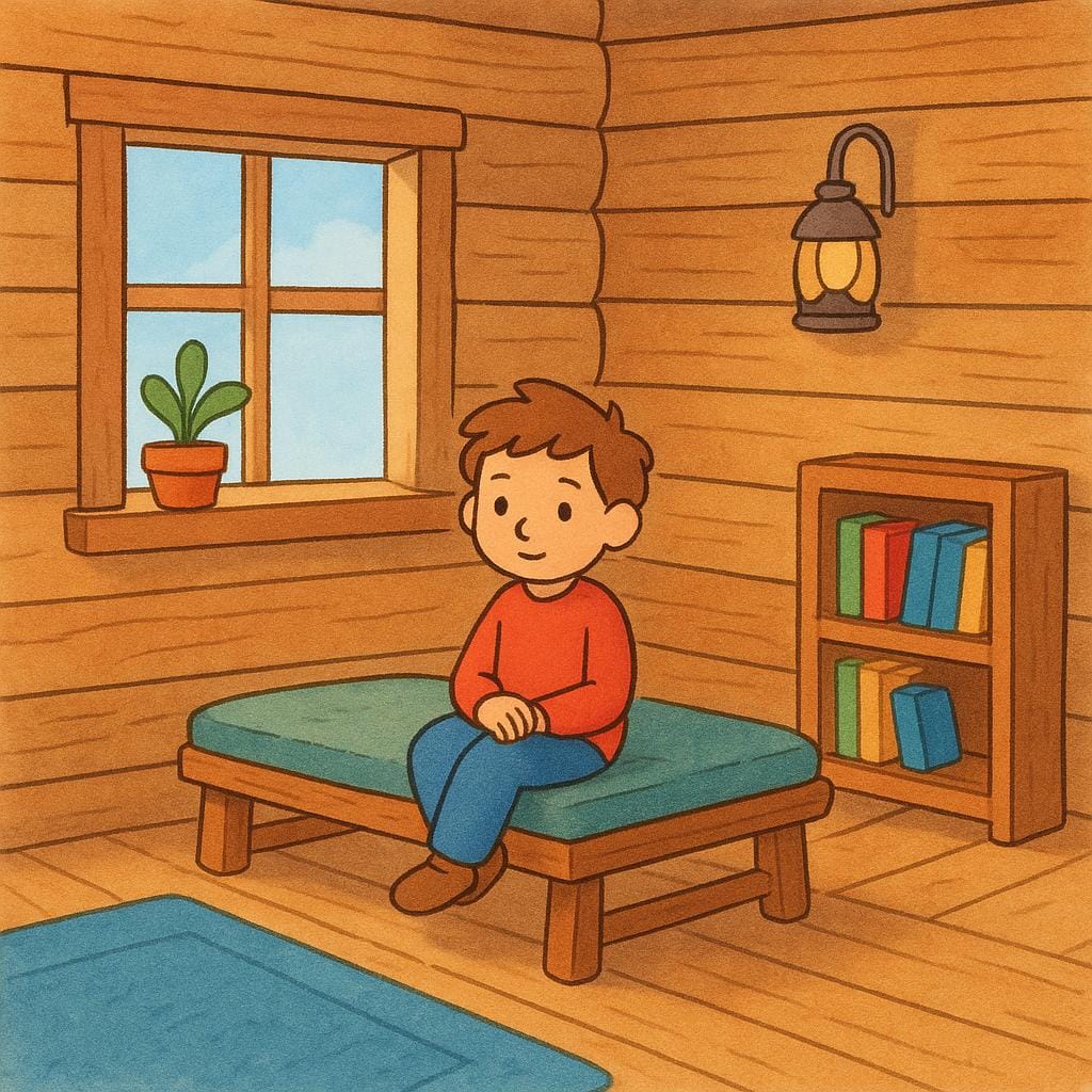 Une petite personne assise confortablement sur un banc en bois à l'intérieur d'une cabane douillette et bien éclairée, indiquant qu'elle reste sur place.