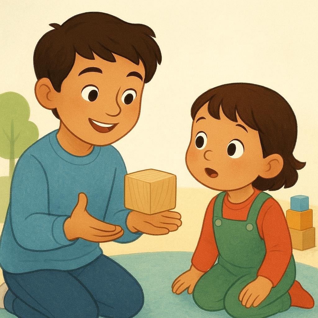A friendly older child standing in a colorful room, holding a simple, plain object like a wooden block, and enthusiastically gesturing toward it, encouraging a younger child to use their imagination.