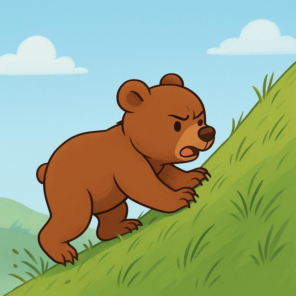 A determined brown bear cub making an attempt to climb a steep, grassy hill, showing physical effort.