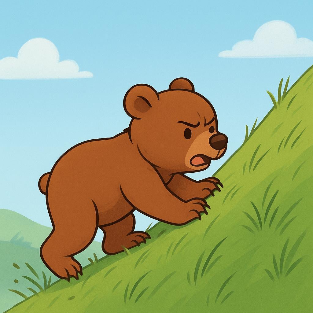 A determined brown bear cub making an attempt to climb a steep, grassy hill, showing physical effort.