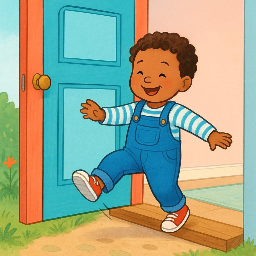 A small, friendly figure, depicted as a child, is shown mid-step, crossing the threshold of a brightly colored wooden doorway, illustrating the action of entering.