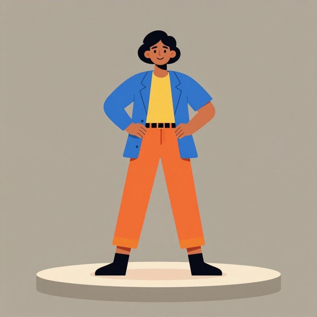 Uma pessoa vestindo uma roupa brilhante e estilizada posa com confiança em uma plataforma de passarela, como uma modelo de moda.