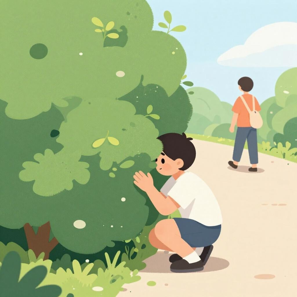 A person hiding behind a large green bush to avoid being seen by someone walking nearby.