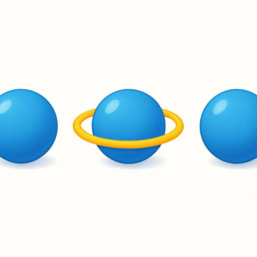 Three identical blue spheres in a row, with a bright yellow ring highlighting only the middle sphere, representing the specificity of a grammatical article.