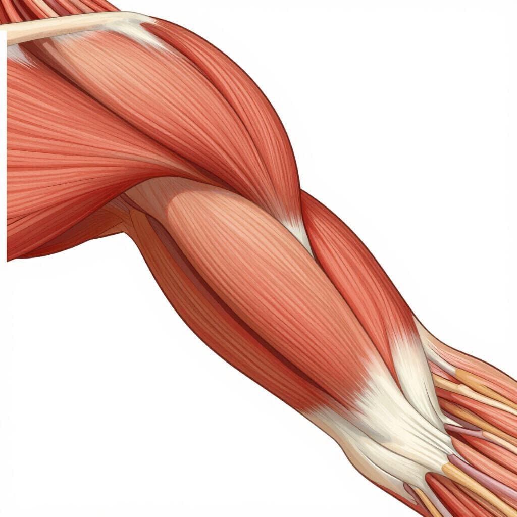 Een gedetailleerde close-up illustratie die de spiervezels van een menselijke arm toont.