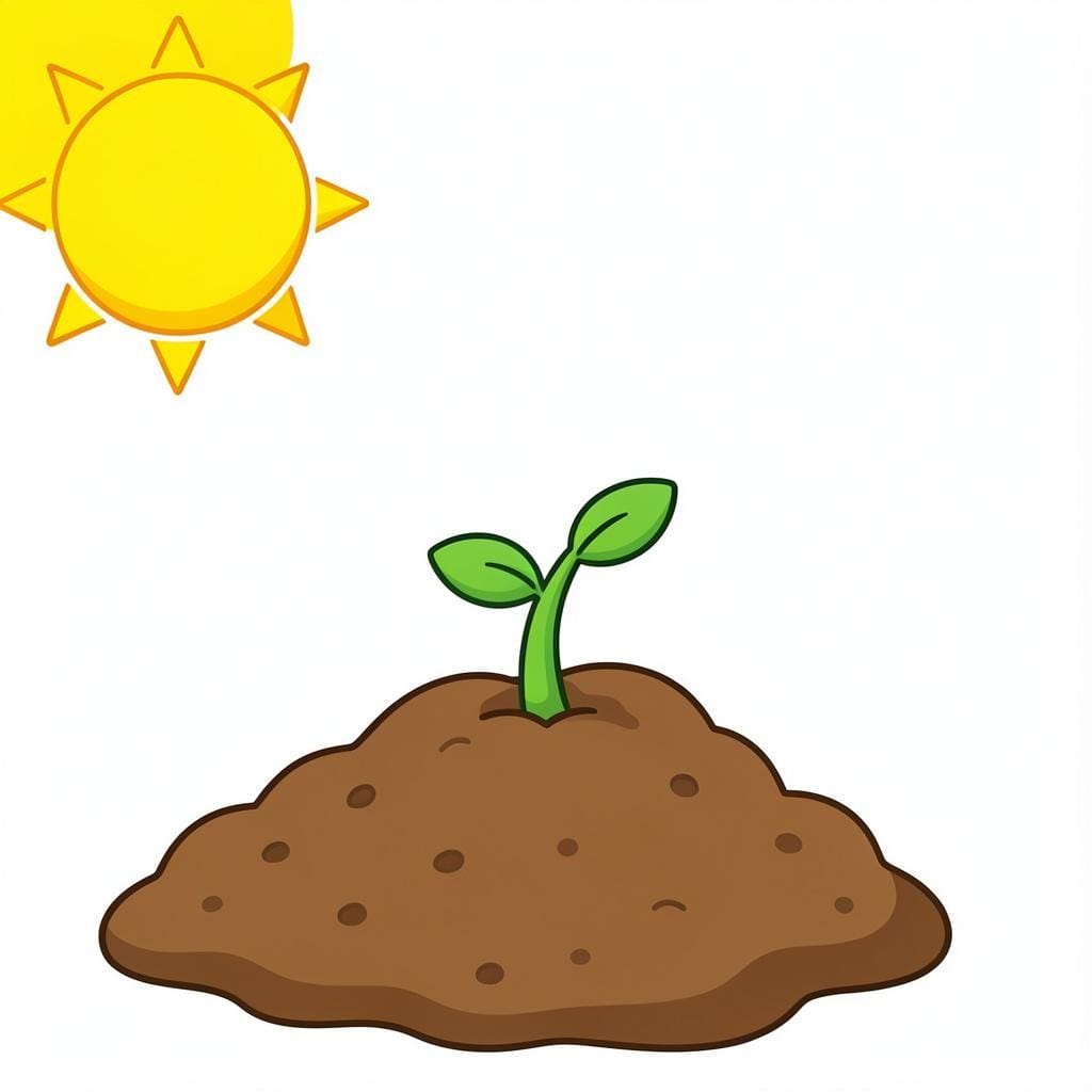A small green sprout growing out of a pile of rich dark soil under a bright sun.