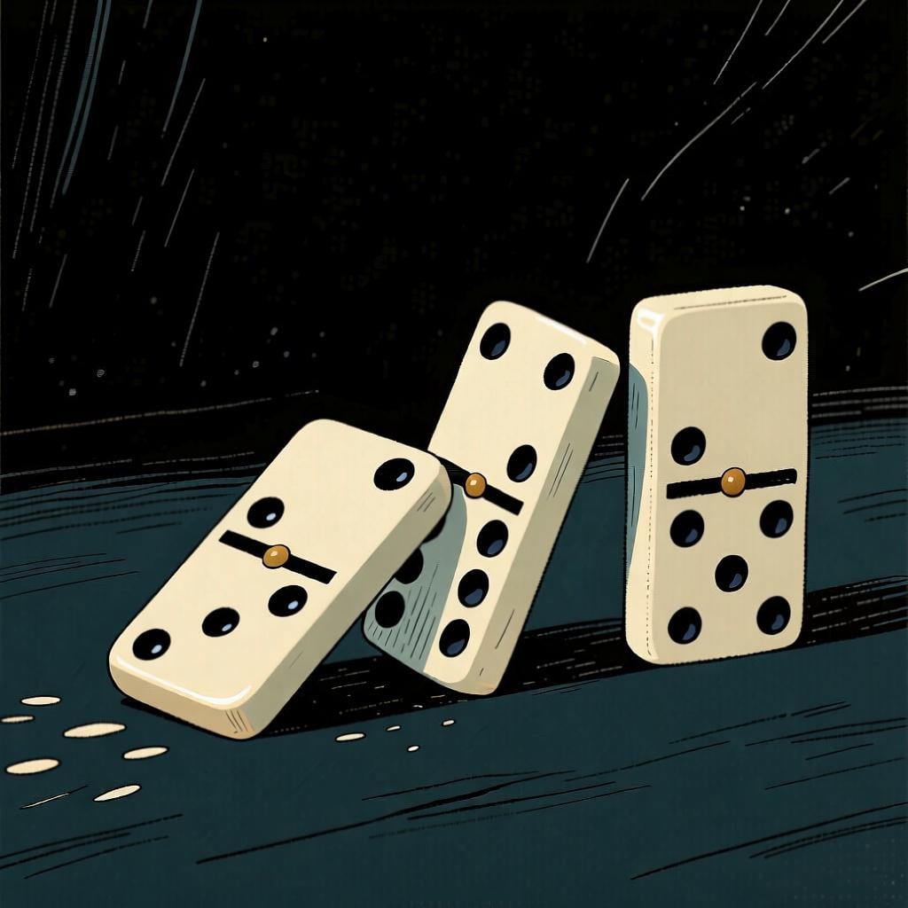A domino falling and hitting the next one in a line, showing a cause-and-effect relationship for the meaning 'so' or 'therefore'.