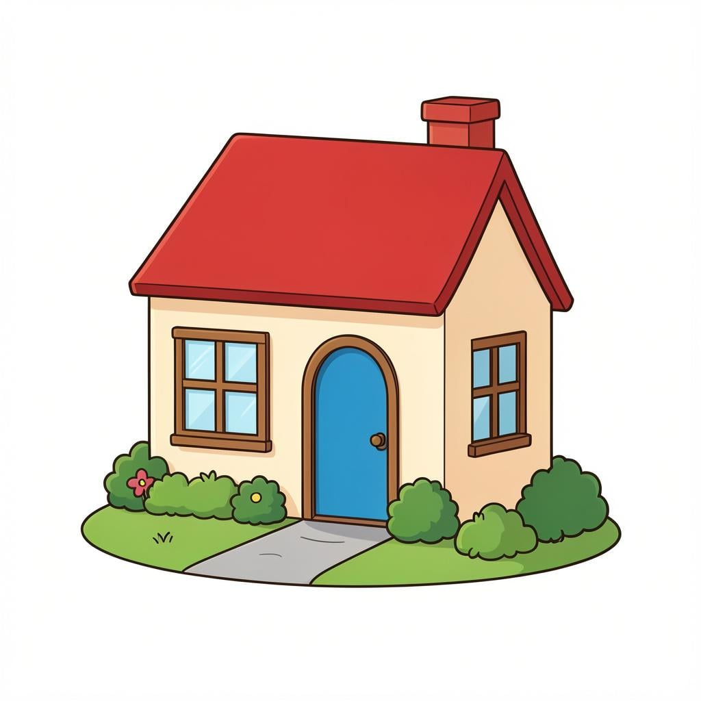 A cozy house with a red roof, a small garden, and a blue door.