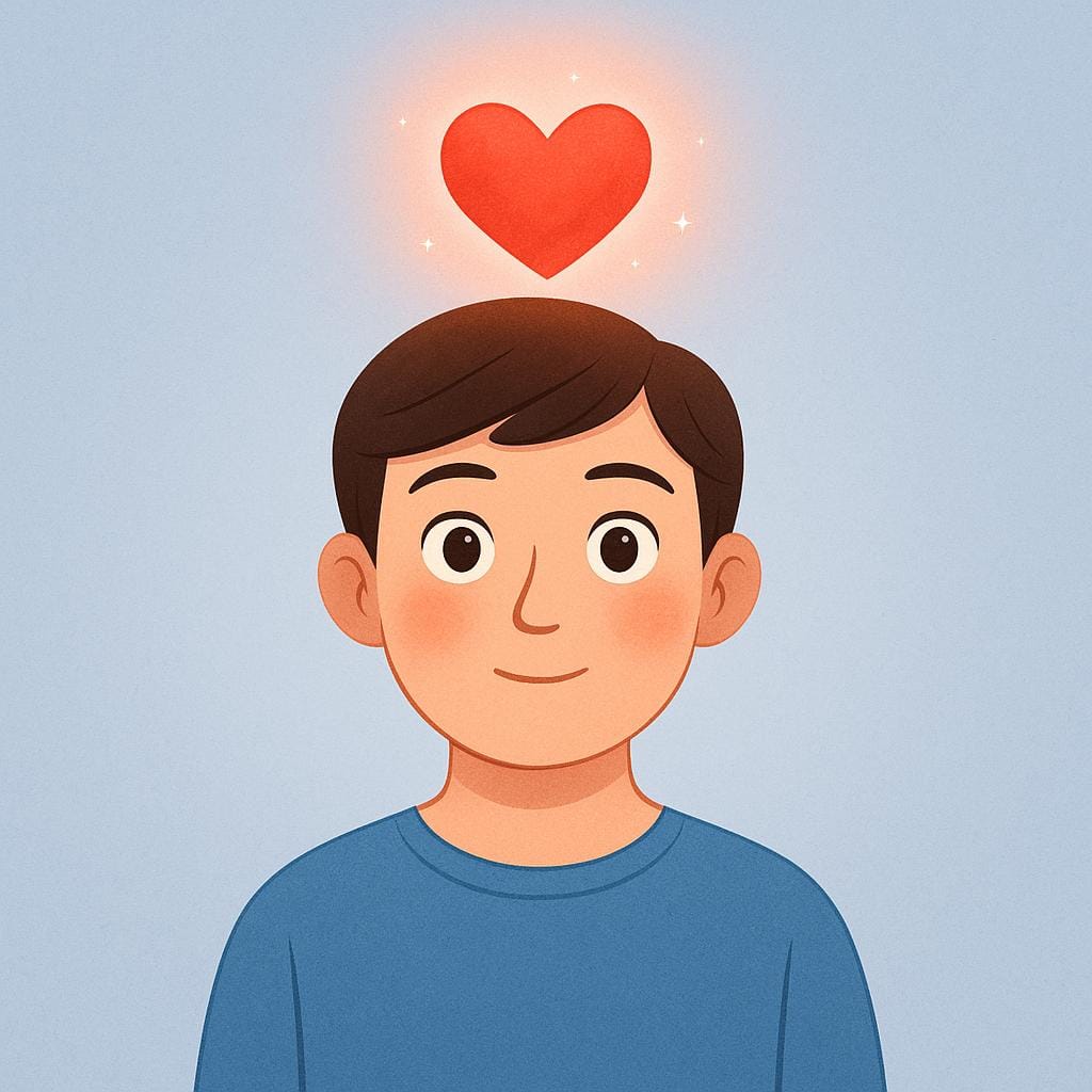 A simple storybook illustration of a character with a strong blush and a large, stylized red heart floating above their head, symbolizing intense desire.