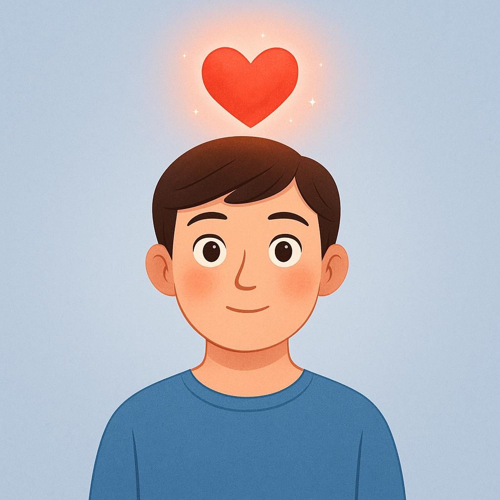 A simple storybook illustration of a character with a strong blush and a large, stylized red heart floating above their head, symbolizing intense desire.