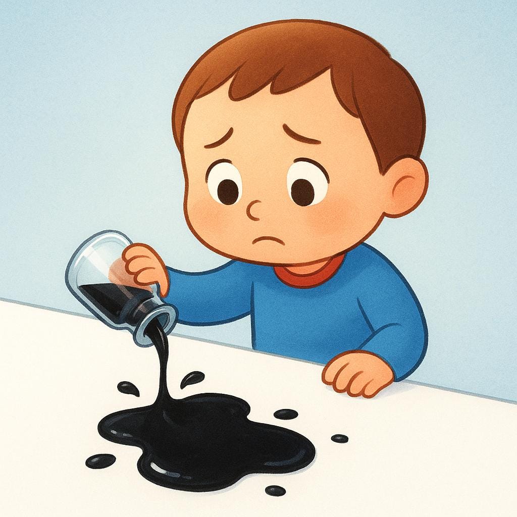 A person looking regretful as they accidentally spill a bottle of black ink onto a clean white table.