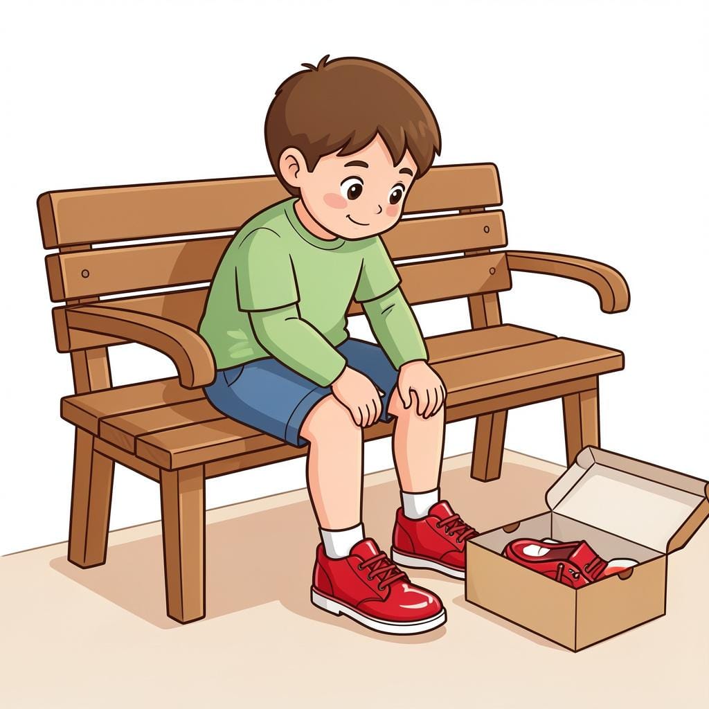 A child happily putting on a pair of brand new, shiny red shoes for the first time.
