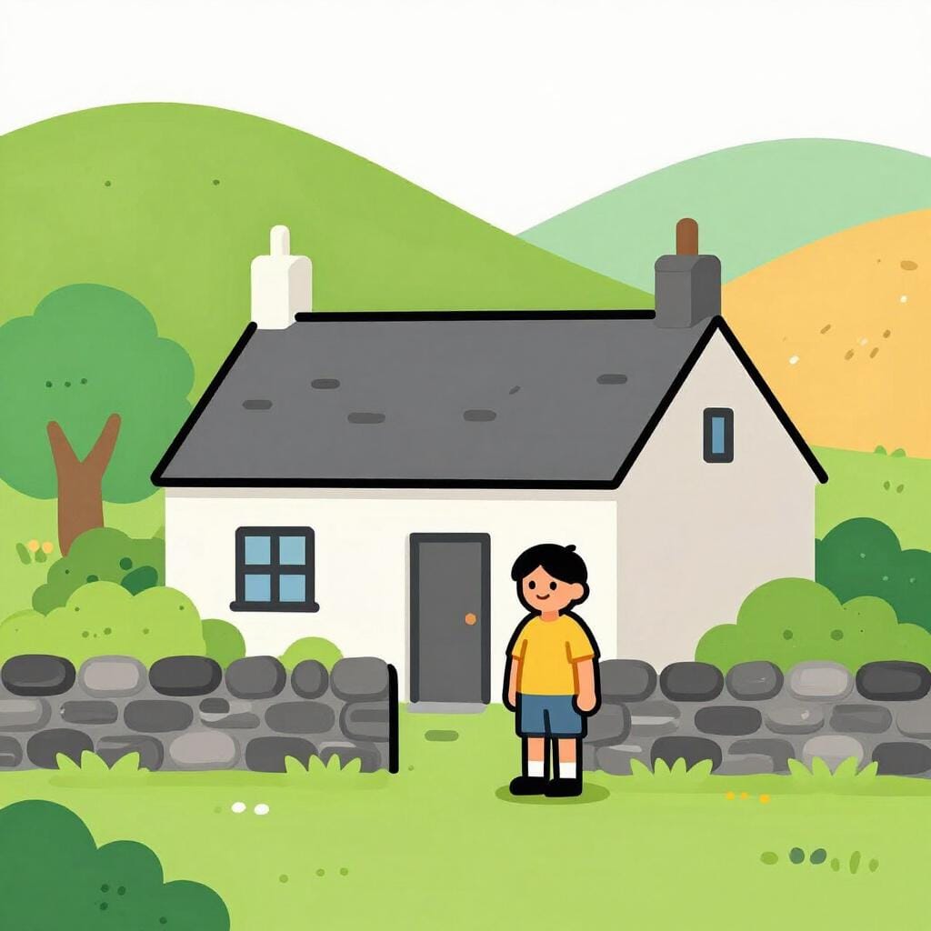 A person standing in front of a small cottage built right next to a stone wall boundary.