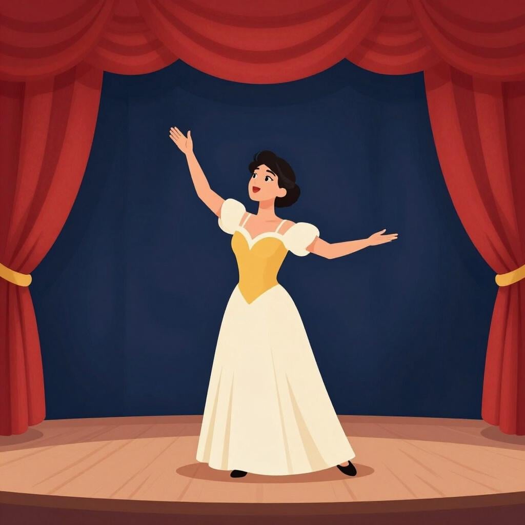 A woman in an elegant gown singing on a stage with a red curtain in the background.