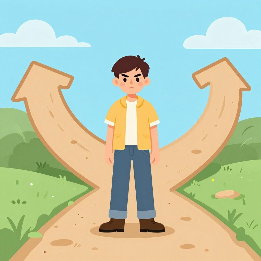 Un personaggio stilizzato si erge con decisione su un sentiero sterrato, avendo scelto decisamente una direzione a un bivio chiaro. Guarda avanti con determinazione, a significare che è stata raggiunta una conclusione o una decisione finale.