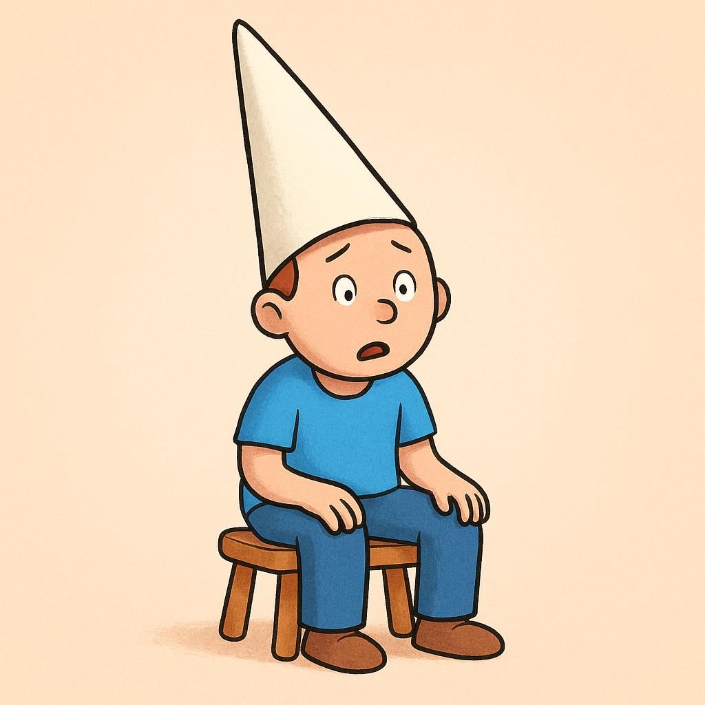 A cartoon figure sitting on a stool wearing a tall, conical dunce cap, looking confused or bewildered, symbolizing a foolish person.