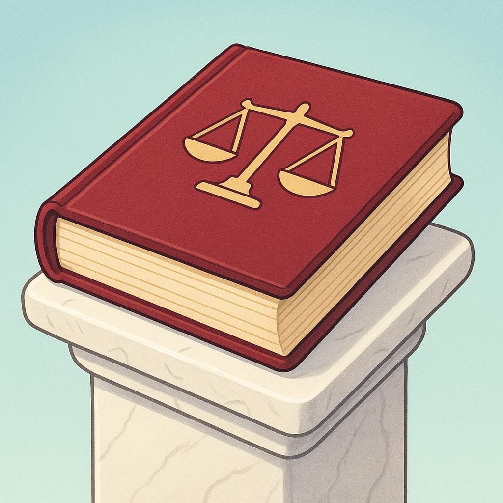 Un libro spesso e autorevole poggiato su un piedistallo, con una semplice icona di una bilancia sul dorso, a simboleggiare un sistema di regole o leggi.