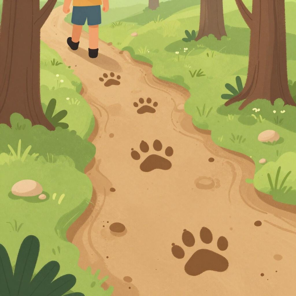 Una persona in abbigliamento da trekking che guarda una lente d'ingrandimento vicino a un set di impronte fresche di animali nel fango.