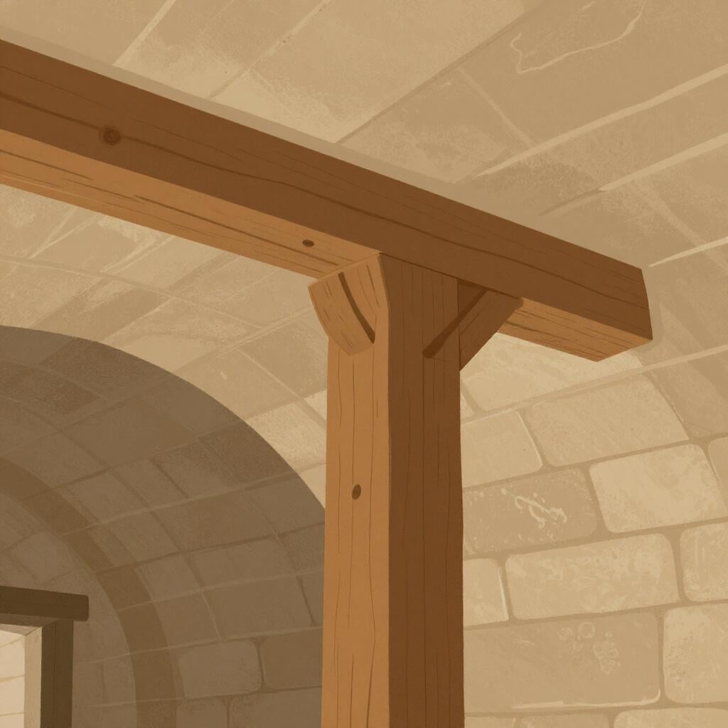 Una pesante trave di legno che sostiene il soffitto di una galleria.