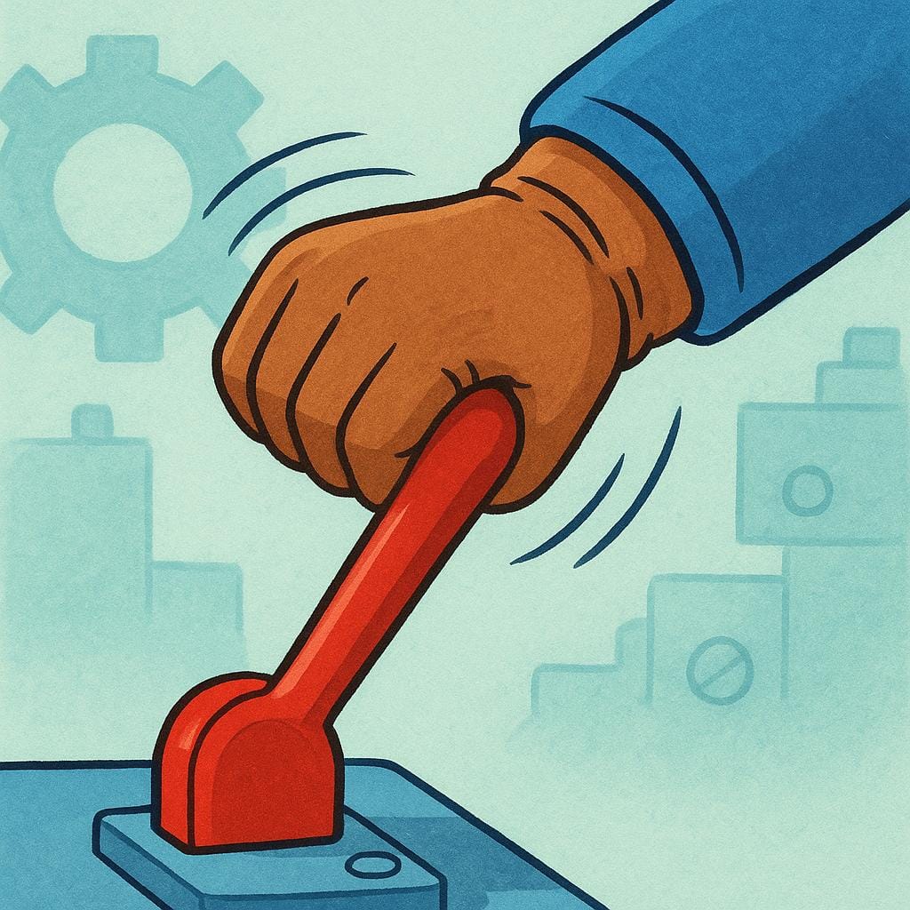 A close-up of a person's hands wearing work gloves firmly pulling down a large red lever.