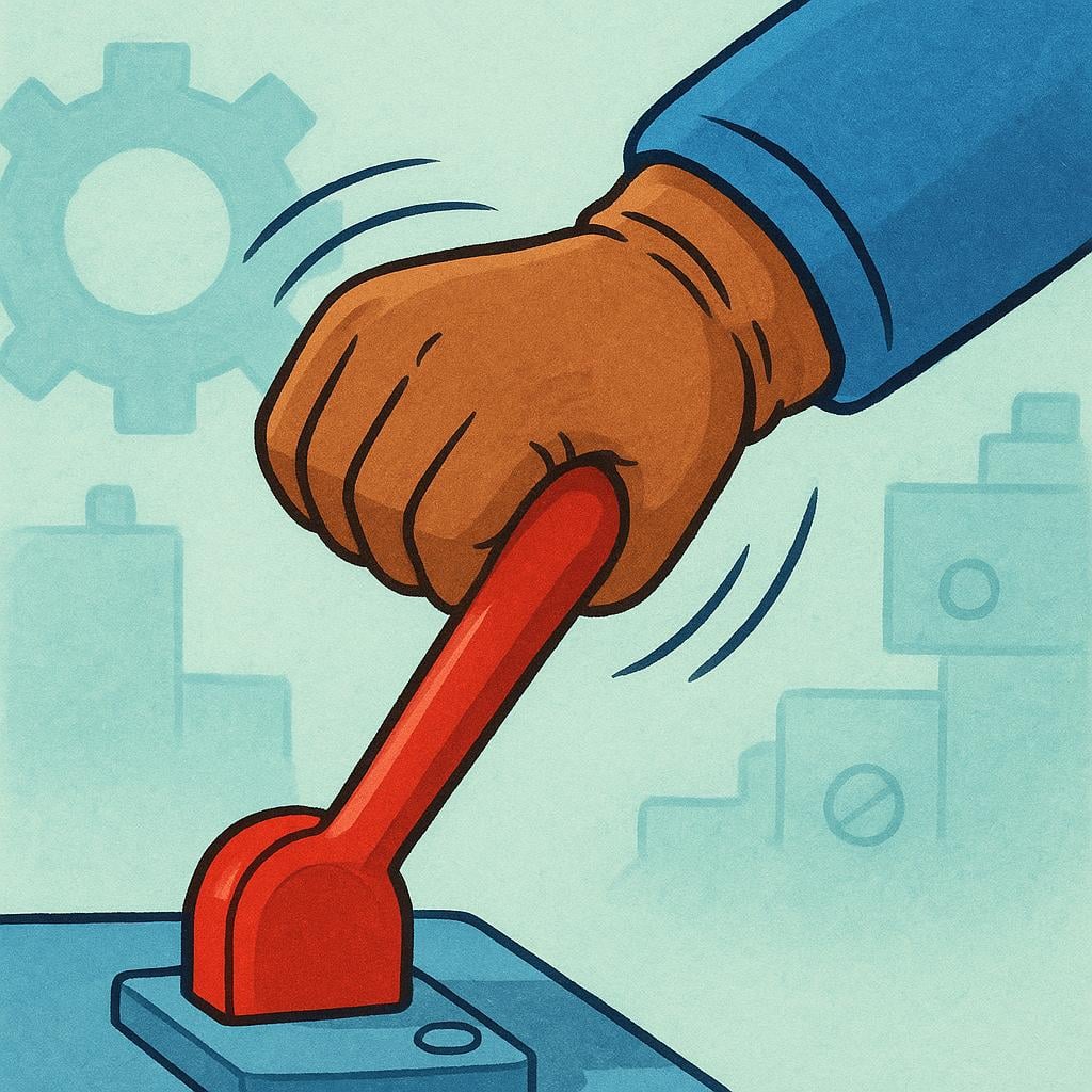 A close-up of a person's hands wearing work gloves firmly pulling down a large red lever.