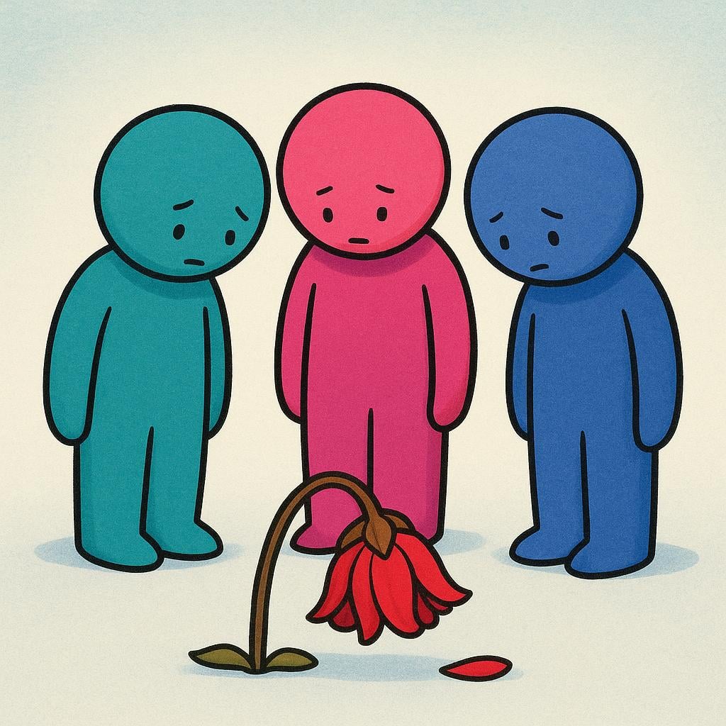 Three simple, stylized, colorful figures standing together and looking down at a single, deeply wilted red flower on the ground, representing a future fatal action.
