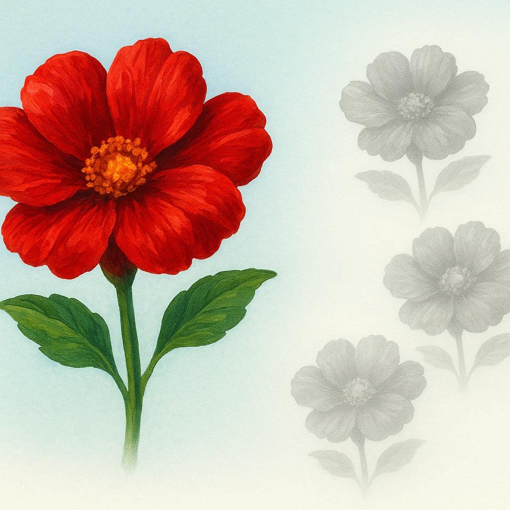 A richly colored, clear painting of a red flower displayed next to three smaller, duller, black and white copies, representing the master copy versus reproductions.