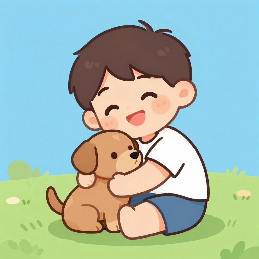 Een kind dat breed lacht terwijl het een kleine puppy vasthoudt, wat een gevoel van geluk uitdrukt.