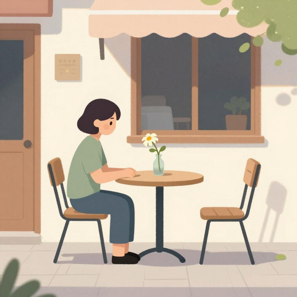 A single person sitting alone at a small cafe table with an empty chair across from them and a single flower in a vase.