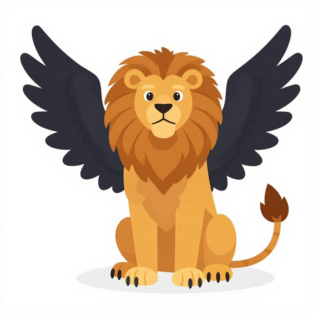 A mythical griffin with the body of a golden lion and the wings and head of a brown eagle.