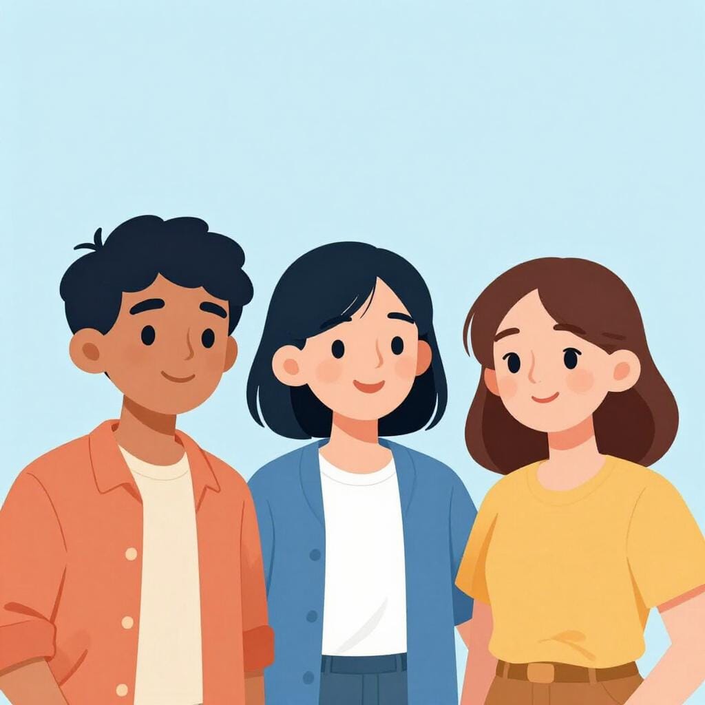 A friendly group of three people standing together and smiling, representing a group being addressed.