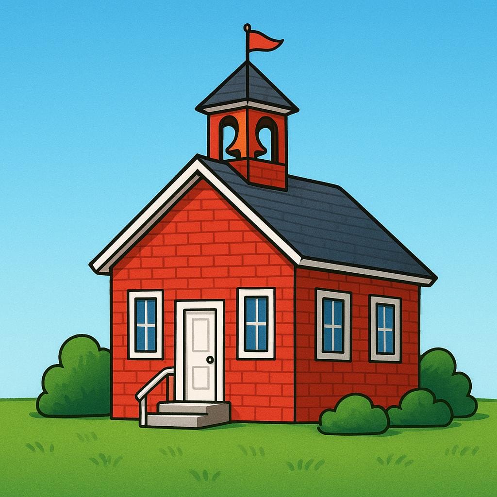 A classic red brick schoolhouse with a small bell tower, surrounded by green grass under a clear blue sky.