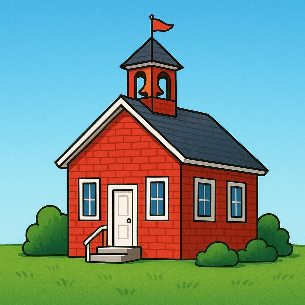 A classic red brick schoolhouse with a small bell tower, surrounded by green grass under a clear blue sky.