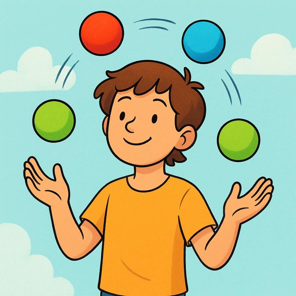 A young person standing confidently while effortlessly juggling three brightly colored balls high in the air, demonstrating natural skill.