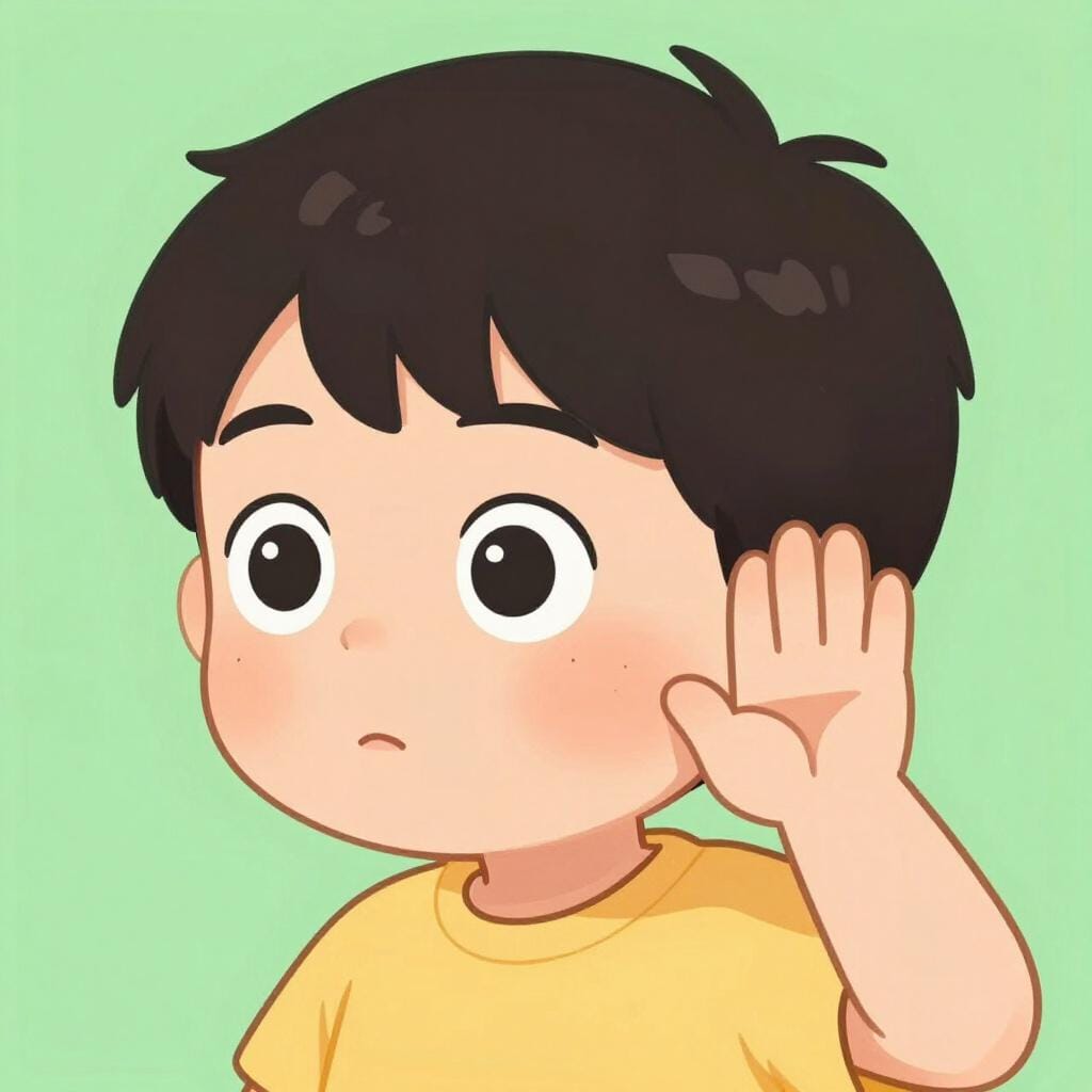 Une illustration colorée d'un jeune enfant debout à l'extérieur, se penchant en avant et se mettant la main derrière l'oreille, se concentrant intensément pour entendre un son faible.