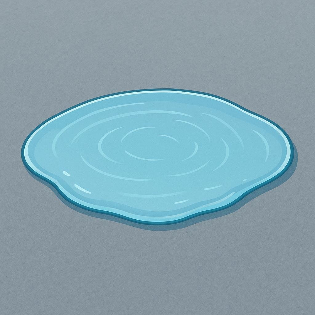A very thin, small puddle of clear water barely covering a flat surface, illustrating lack of depth.