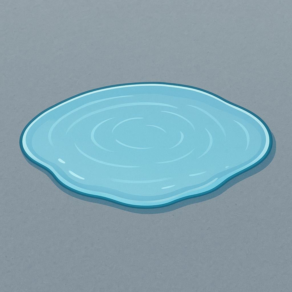 A very thin, small puddle of clear water barely covering a flat surface, illustrating lack of depth.