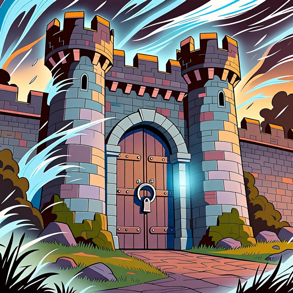 A massive, thick stone castle gate remains completely closed and unmoving while a dramatic, powerful storm of wind and rain rages outside.