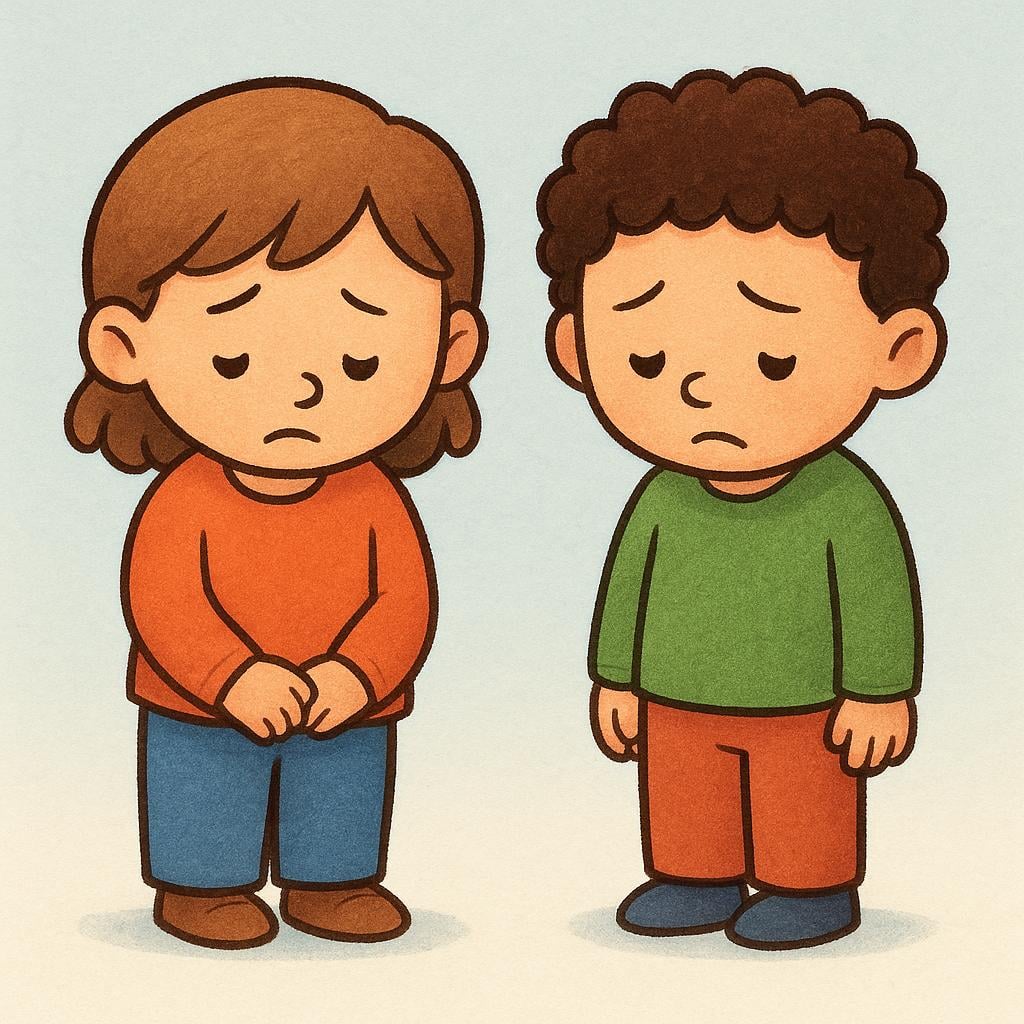 Two simplified storybook characters, a man and a woman, standing side-by-side, both looking down with expressions of shame, depicting the state of being guilty.