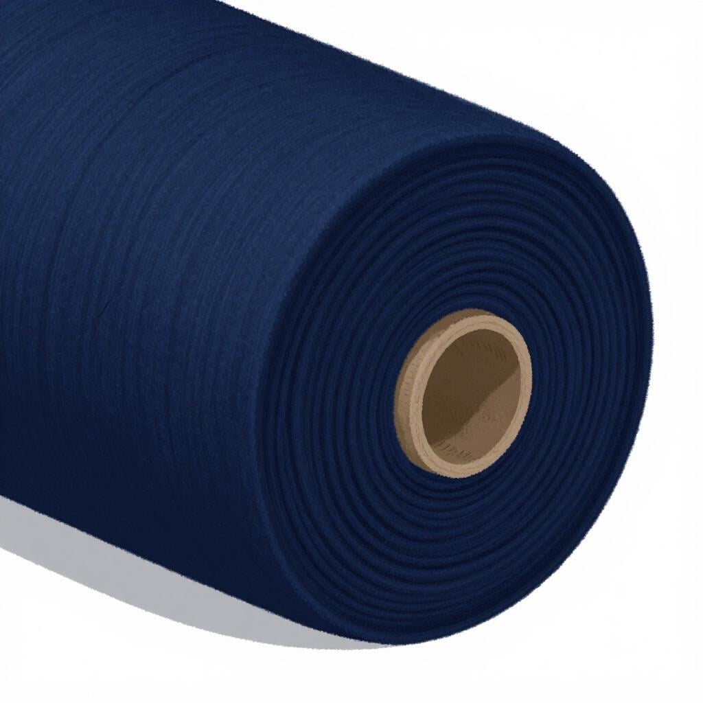 Een dikke rol donkerblauw wollen stof die de zware textuur laat zien.