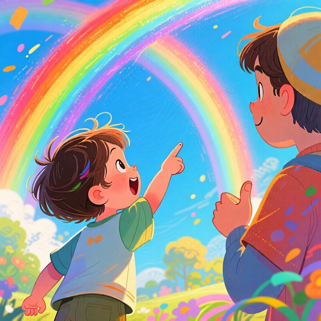 A child pointing at a bright rainbow and looking back at their friend with an expectant expression, seeking confirmation or agreement.