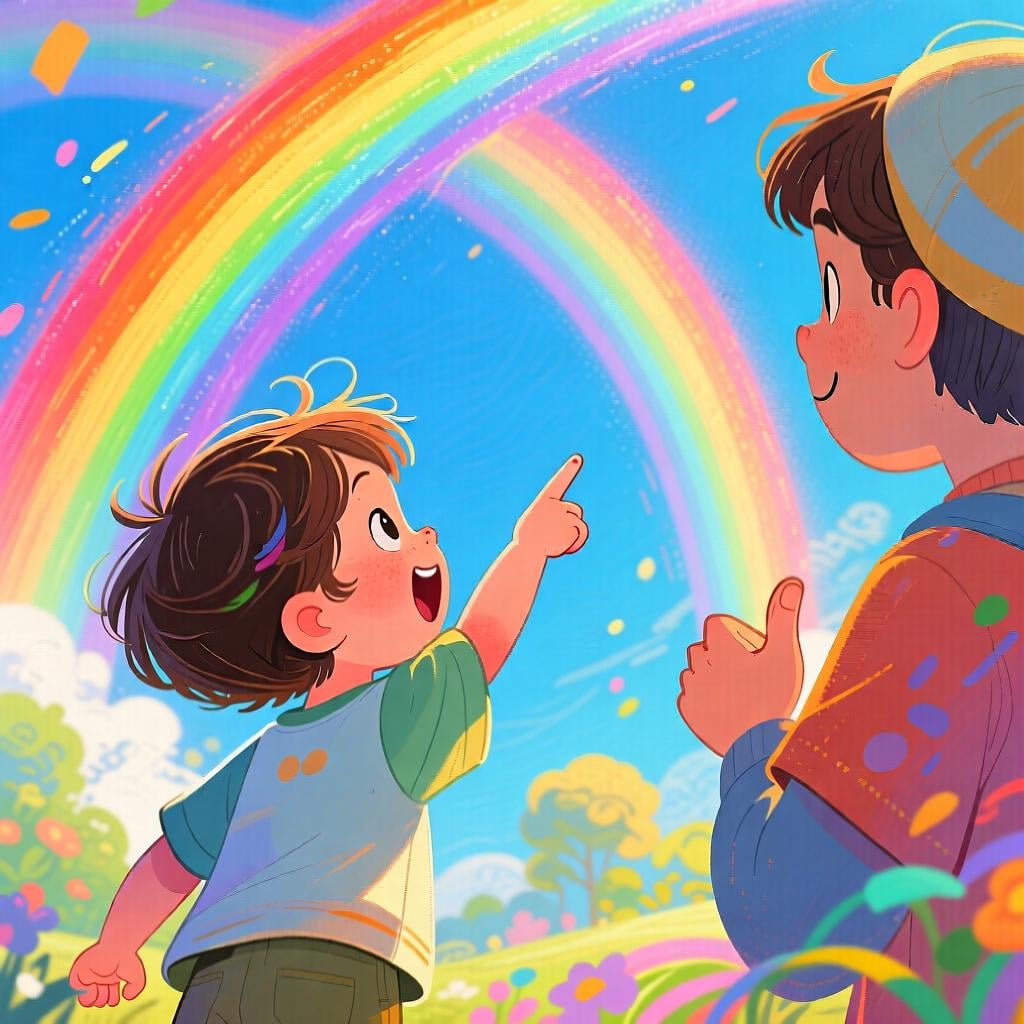 A child pointing at a bright rainbow and looking back at their friend with an expectant expression, seeking confirmation or agreement.