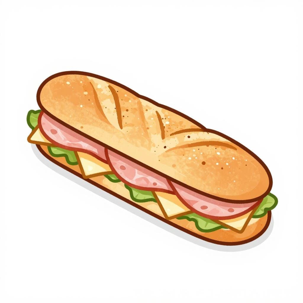 Een lange, knapperige baguette met plakjes ham en kaas.