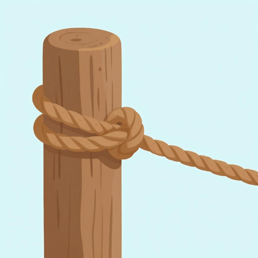 太いロープが木の杭にしっかりと結ばれている結び目のクローズアップイラスト。