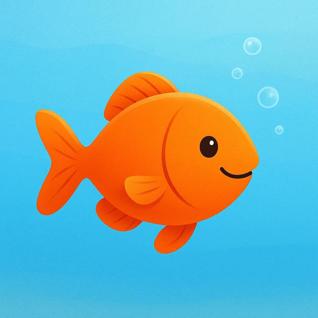 A simplistic illustration of a bright orange fish swimming in clear blue water, depicting an animal that lives in the sea.