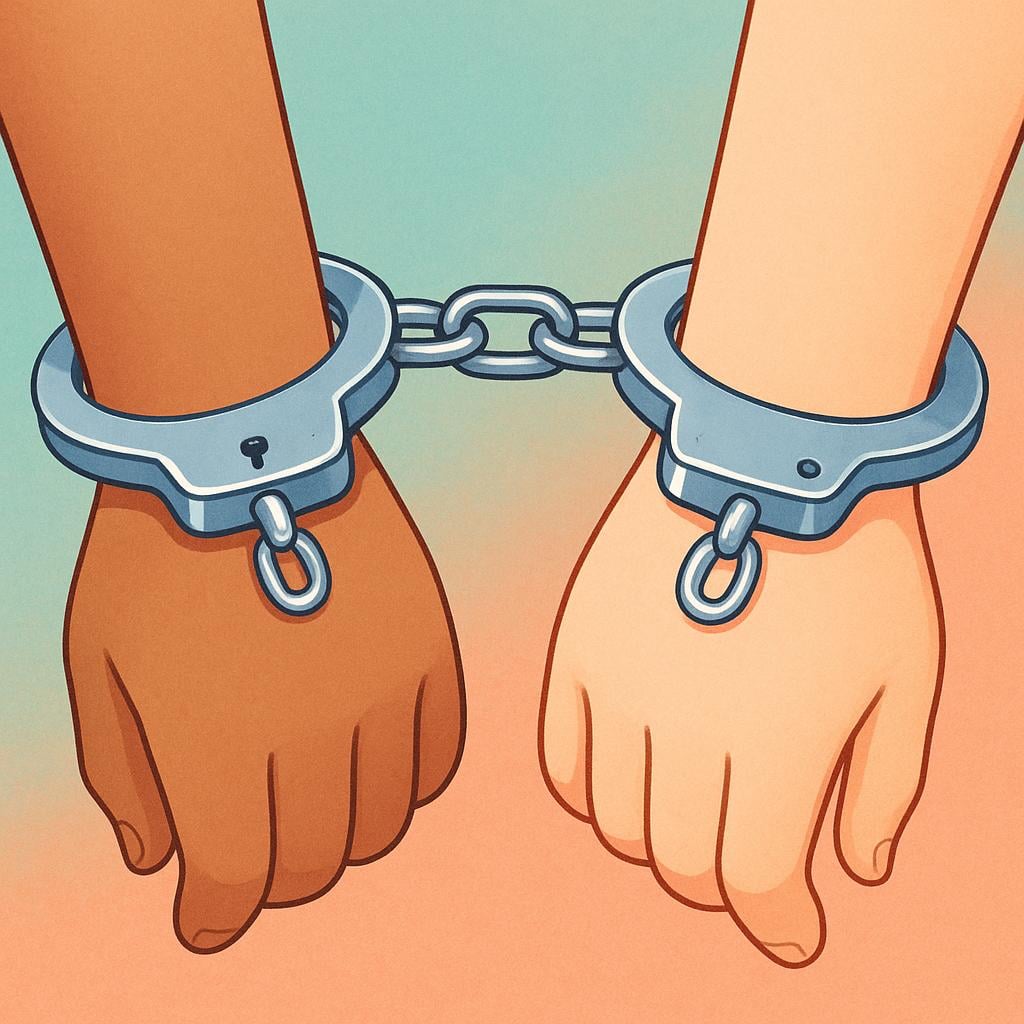 A close-up view of a person's wrists connected by simple, shiny metal handcuffs, symbolizing being held in confinement.